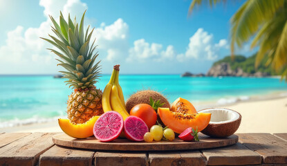 Obraz premium Fresh Tropical Fruits on a Wooden Board by the Beach