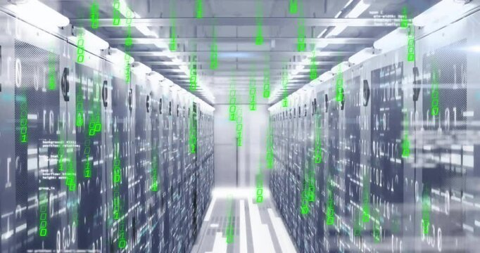 Sequence starting corridor servers emitting green binary streams as camera advancing to exit glow