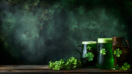 Green beer in glass mugs with shamrocks and a dark green background. St. Patrick's Day celebration.