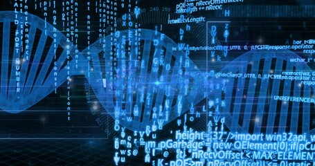 Starting glowing helix rotating, code panels streaming in, pulsing flares visualizing digital DNA - Powered by Adobe