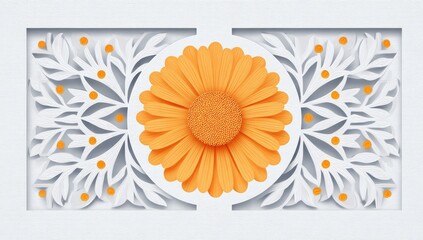 Orange flower centerpiece in a white, symmetrical, paper-cut design featuring foliage and berries
