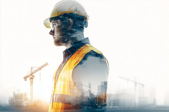 Double exposure of a male construction worker wearing a hard hat and safety vest, blended with a city skyline of cranes and industrial buildings,