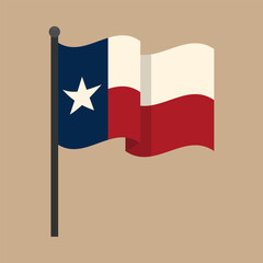 Waving flag of Texas state with warm, sand-weathered colors. Vector illustration of the Texas Lone Star Flag mounted on a vertical flagpole with a rounded finial