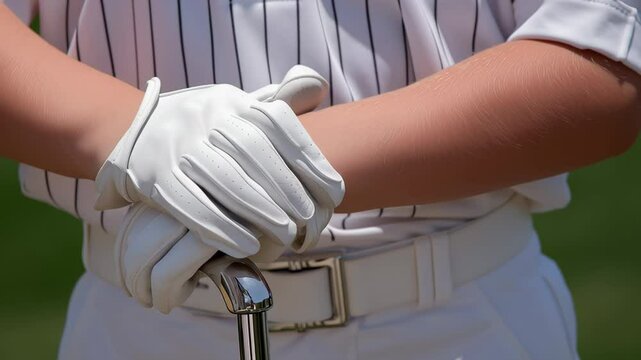 A person is holding a golf club and wearing a white shirt and white pants. The person is wearing a white glove on their left hand