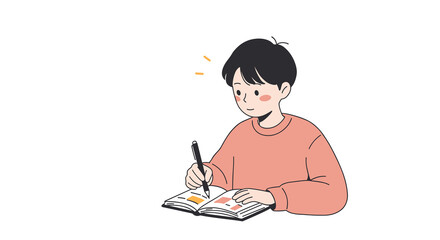 Boy writing vocabulary words in notebook with a smile indoors  