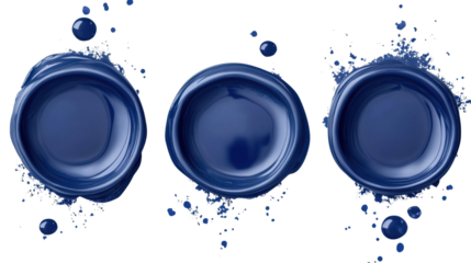 Three blue abstract wax seals with unique splatter edges decorative stamp design for stationery or branding isolated on white background