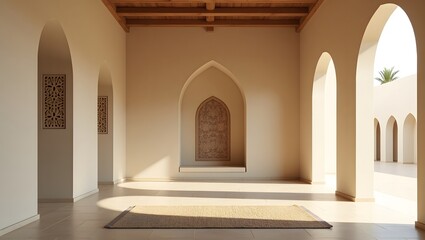 Obraz premium Luxury mosque interior with ornate Arabic architecture, an arch entrance, and marble decorations showcasing historical religious art