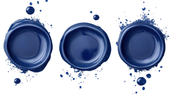 Three blue abstract wax seals with unique splatter edges decorative stamp design for stationery or branding isolated on white background