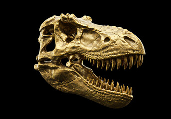 This striking close-up showcases a meticulously detailed T-Rex skull, rendered in a rich gold tone.