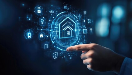 Hand interacts with a digital home security system interface