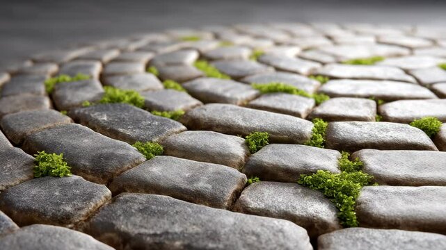 Cobblestone Pathway with Moss: Close-up view of a curving cobblestone pathway, where tiny moss plants sprout between the aged stones, creating a charming contrast of textures and colors.