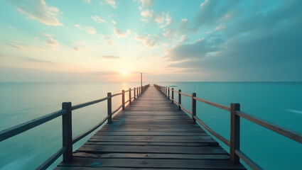 Fototapeta premium Pier at sunset over calm sea with wooden jetty and vibrant sky