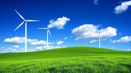 Fototapeta premium Wind turbines stand tall on a green hill, symbolizing clean energy. Blue sky and white clouds create a serene eco-friendly landscape.