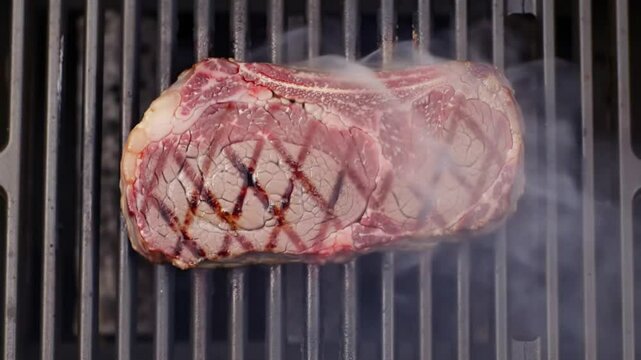 Sizzling Steak. Grilled steak with a diamond pattern sizzling on the grill.