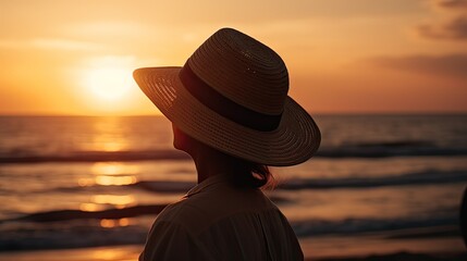 Silhouette of a person in a straw hat watching the sunset at the beach, tranquil and dreamy 