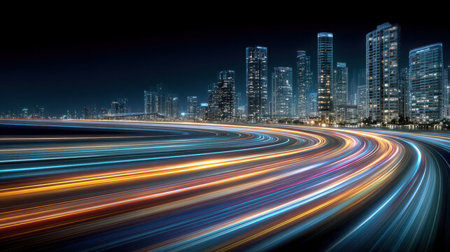 Real-time visualization of city traffic data illuminates smart streets with light trails and analytics