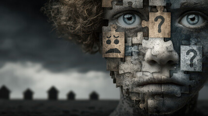 Obraz premium Exploring cognitive dissonance through fragmented human expressions and floating symbols of choice in a surreal landscape