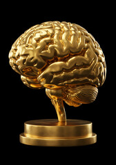A detailed, golden brain sculpture sits atop a matching circular pedestal against a pure black background.
