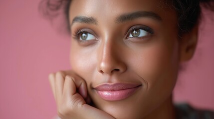 Fototapeta premium Contemplative woman with natural beauty against a pink backdrop.