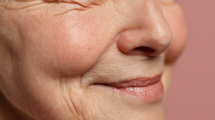 Fototapeta premium Close-up of an elderly woman's smiling face with textured skin.