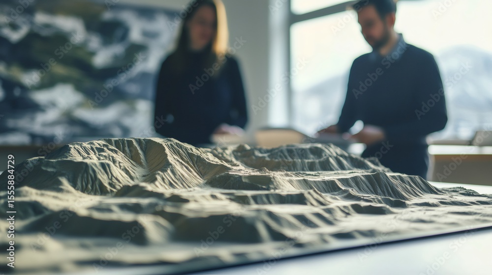 Poster two geologists are analyzing a detailed 3d model of a mountain range, conducting earthquake research