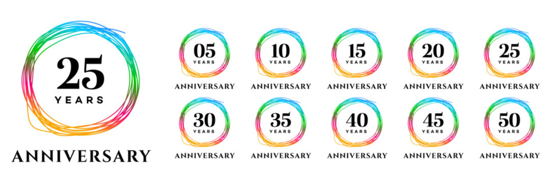 Colorful Anniversary Milestones 5, 10, 15, 20, 25, 30, 35, 40, 45, 50 Years