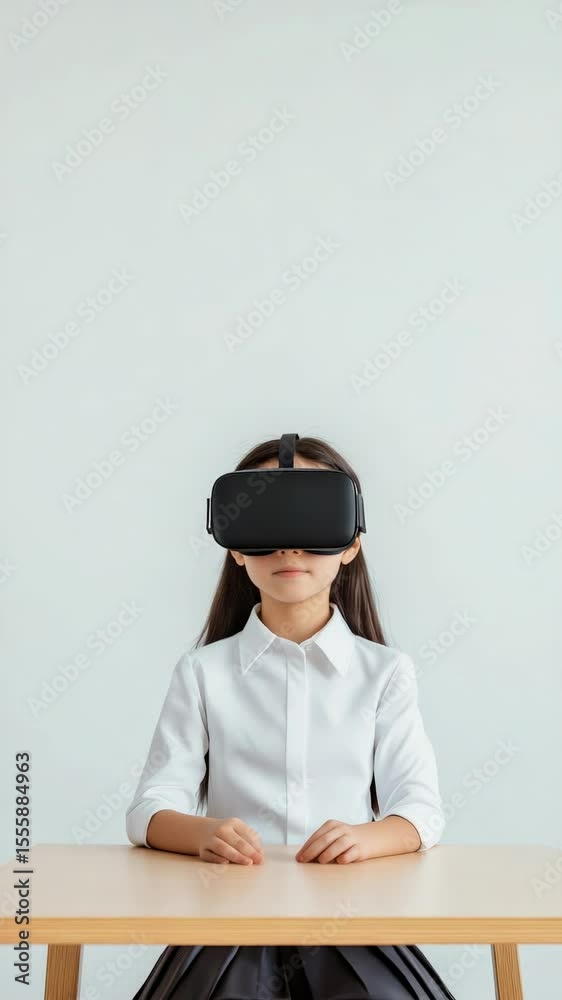 Poster schoolgirl wearing a virtual reality headset sits at her desk in a classroom, engaging in immersive 