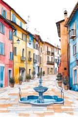 Obraz premium Village Fountain Illustration Pastel Colour Drawing