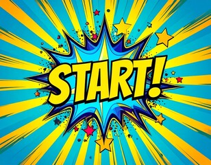 "START!" Comic Pop Art Burst with Stars on Blue & Yellow Background