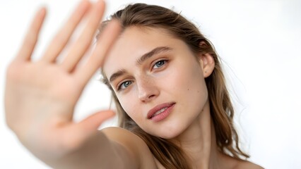 Fototapeta premium Captivating Close-up The Alluring Beauty Model's Hand Gesture, a Study in Grace and Elegance