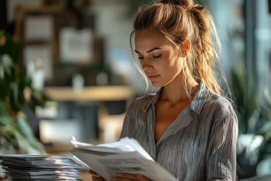 A confident businesswoman organizing files in a minimalist office with natural light