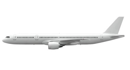 Side view of a modern white passenger airplane with engines and tail 