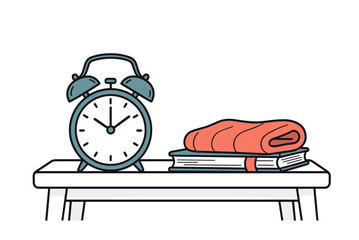 Illustration of an Alarm Clock, Books, and a Blanket on a White Table