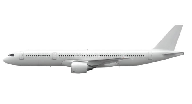 Side view of a modern white passenger airplane with engines and tail 