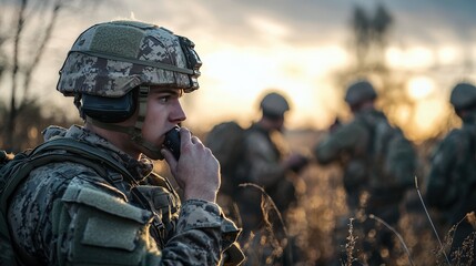 Military army soldiers conducting communication drills during a simulated battlefield exercise