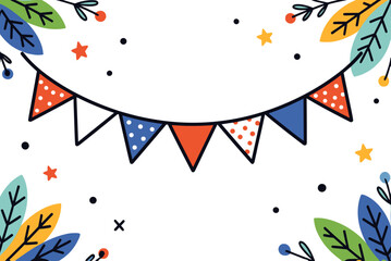 Obraz premium Festive Banner and Foliage Illustration with Red, White, and Blue Pennants for Celebrations and Events