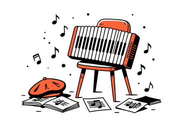 Illustration of an Accordion on a Chair Surrounded by Sheet Music and a Beret, Creating a Musical Atmosphere