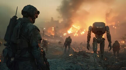 An army officer and a humanoid robot lead troops through a glowing war-torn cityscape under a smoky sky
