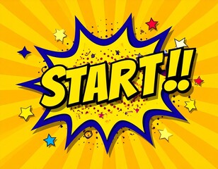 "START!" Comic Pop Art Burst with Stars on Blue & Yellow Background
