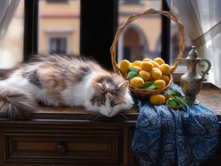 Pretty kitty and basket with apricot
