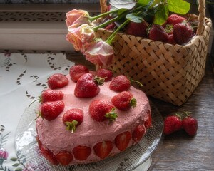 Cheesecake with strawberries and roses