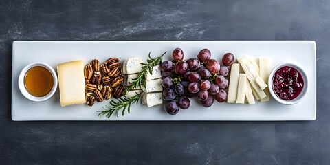 Overhead view of cheese board with grapes pecans honey and jam on a white rectangular platter