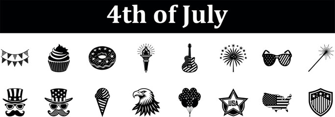Collection of American patriotic symbols and festive elements for fourth of July celebrations silhouette isolated on transparent background