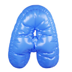 3D inflatable puffy letter A in shiny blue fabric isolated on white background