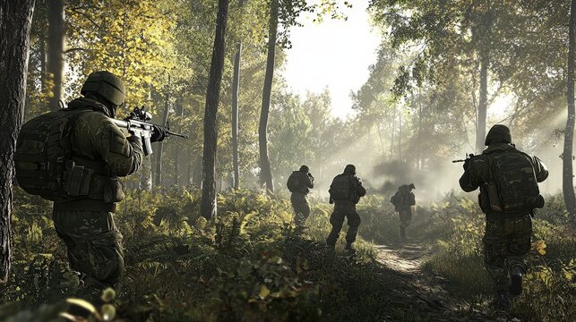 Military soldiers engaged in long-range patrol exercises through dense woodland areas
