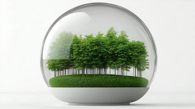technology and nature for sustainable growth concept. A miniature forest with lush green trees is enclosed inside a clear glass dome on a white background.