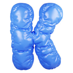 3D inflatable puffy letter K in shiny blue fabric isolated on white background