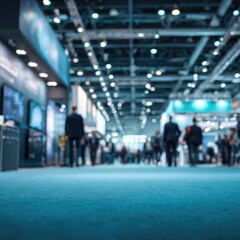 Blurred perspective of a bustling trade show floor, showcasing numerous attendees and exhibition booths, with teal carpeting dominating the foreground