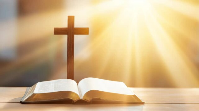 wooden cross standing behind open bible wooden table with warm sunlight and light rays creating peaceful and hopeful spiritual atmosphere blurred background enhances focus faith and devotion