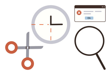 Clock with dashed lines, magnifying glass, scissors, and error message highlight analysis, problem-solving, task management, optimization, productivity time efficiency digital troubleshooting. A